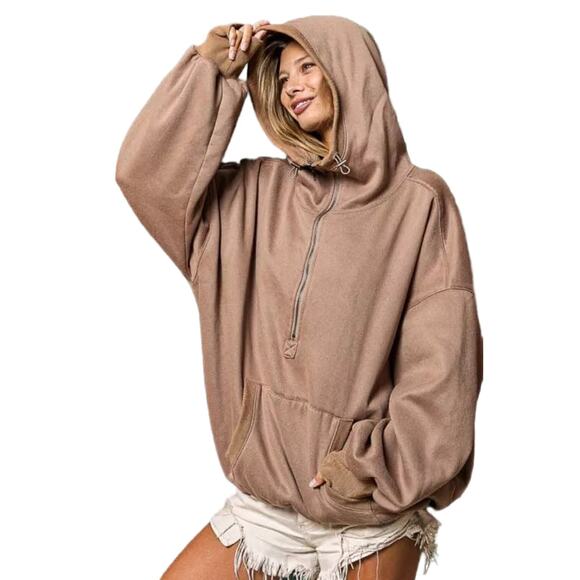 Copied - BiBi Stitch Detailed Elastic Hem Half Zip Fleece Hoodie - Picture 3 of 4